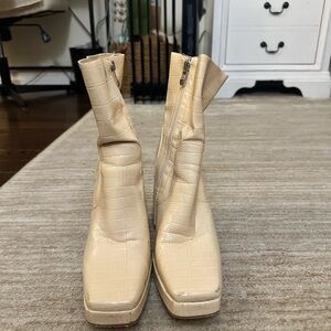 Beige Croc-Embossed Ankle Boots